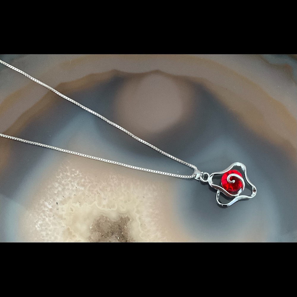 Silver flower necklace red cz pendant rose charm jewelry handmade